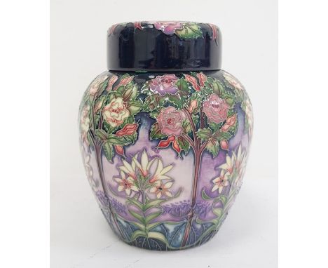 Moorcroft ginger jar&nbsp;decorated on a purple ground with white flowers and trees, marked to base '208//250', signed 'R J B