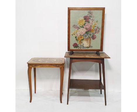 Needlework firescreen, an oak two-tier table and a parquetry inlaid effect table (3) 