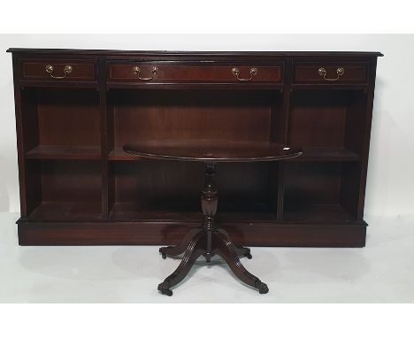 Reproduction mahogany kneehole desk , a low bookcase and oval tripod coffee table