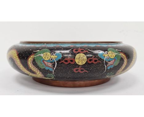 Chinese cloisonne enamel bowl with inverted rim, black ground and decorated inside and out with dragons and flaming pearls, 2