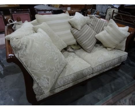 Modern drop-end settee, the light gold ground with foliate cream pattern, double-caned arms