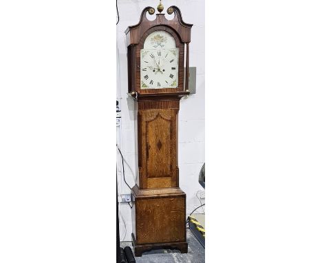 North Country oak-cased mahogany cross-banded longcase clock, the enamel dial with arch and foliate sprays, foliate sprays to