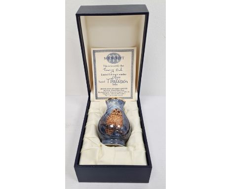 Moorcroft miniature enamel vase, baluster-shaped 'Tawny Owl', limited edition no 55/100 with original certificate, 6cm high, 