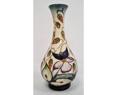 Moorcroft pottery baluster vase by R Bishop, cream ground with allover periwinkle decoration, dated 2000 to base, 17cm high 