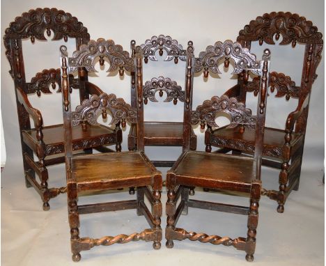 A GOOD SET OF EIGHT LANCASHIRE OAK DINING CHAIRS, 17TH CENTURY STYLE, two larger armchairs and six matching side chairs, all 