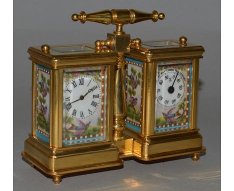 A DOUBLE BRASS CARRIAGE CLOCK AND BAROMETER with Sevres type porcelain panels. 4.5ins high.