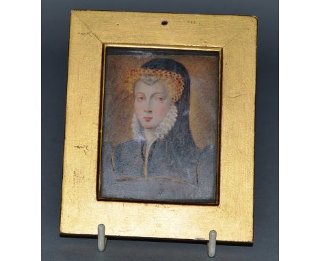 A GOOD PORTRAIT MINIATURE OF MARY QUEEN OF SCOTS on ivory.  3ins x 2.25ins, in a gilt frame.