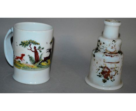 A MILK GLASS BEAKER enamelled with a deer hunting scene and a PIE FUNNEL, 3.75ins x 4.5ins (2).