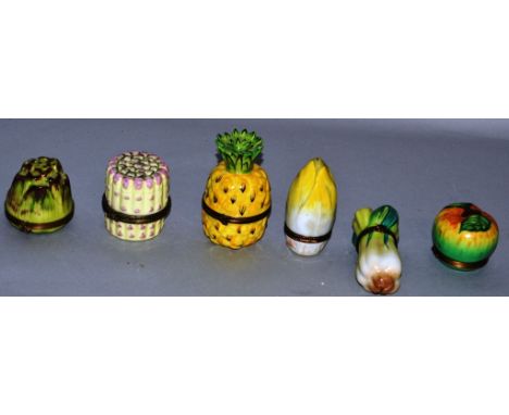 SIX VARIOUS PORCELAIN AND ENAMEL VEGETABLE BOXES.