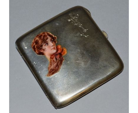 A CONTINENTAL .800 SILVER CIGARETTE CLOCK with an enamel portrait head of a young lady.