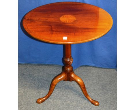 A GOOD GEORGIAN STYLE MAHOGANY CIRCULAR TILT TOP TRIPOD TABLE with inlaid fan top. Bears Label S. &amp; H. JEWELL.