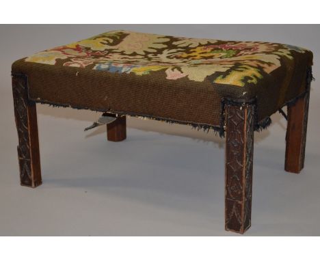 A CHIPPENDALE MANNER RECTANGULAR NEEDLEWORK TOP STOOL with square legs with blind fret carving. 2ft wide.
