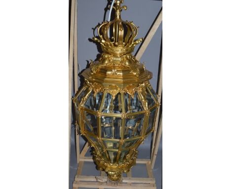A SUPERB LARGE BRASS BEVELLED GLASS TWELVE SIDED LANTERN. 3ft 8ins high.