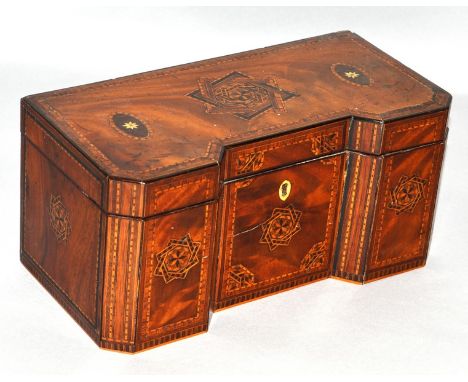 A 19TH CENTURY INVERTED THREE DIVISION INLAID TEA CADDY. 10ins wide.