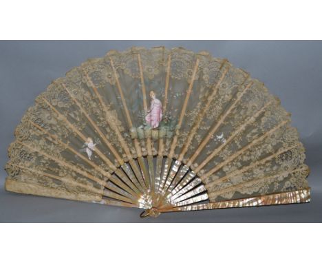 A LATE 19TH CENTURY PAINTED LACE AND MOTHER-OF-PEARL FAN, in original box.1ft 2ins long.