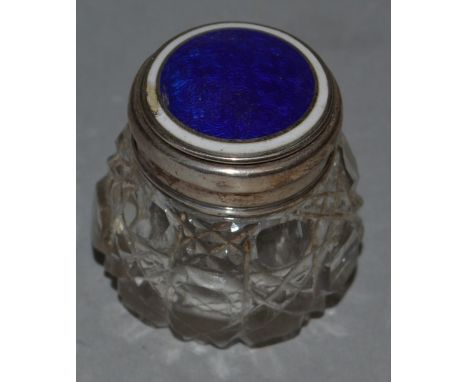 A SMALL CUT GLASS SILVER AND BLUE ENAMEL TOP POT. Birmingham 1909.
