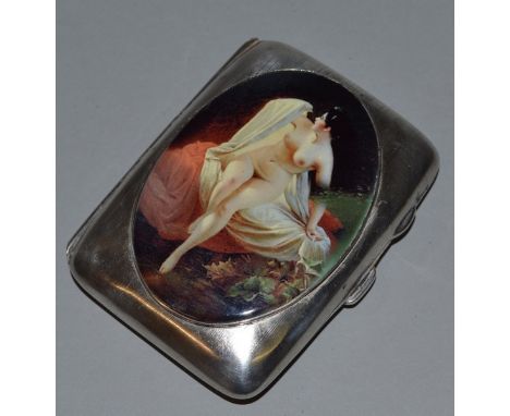 AN ENGINE TURNED SILVER CIGARETTE CASE, Birmingham 1913, with an oval of a lady.