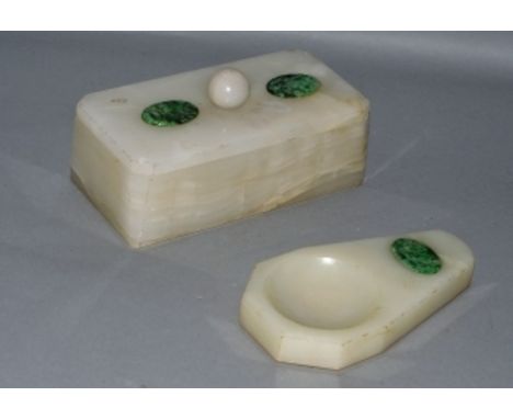 A 1920'S ONYX CIGARETTE BOX AND COVER WITH MATCHING ASHTRAY inset with jade oval.