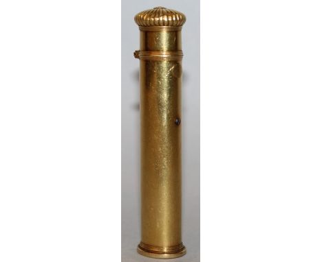 AN UNUSUAL OVAL SEALING WAX HOLDER with oval armorial incised intaglio to one end, the other with fluted hinged cover and pus