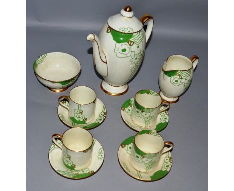 A ROYAL DOULTON ART DECO GLAMIS PATTERN PART COFFEE SERVICE, coffee pot and cover, cream jug, four coffee cans and saucers.