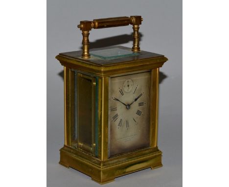 A GOOD 19TH CENTURY FRENCH BRASS CARRIAGE "ALARM" CLOCK with silvered dial, GOLDSMITHS & SILVERSMITHS CO., 112 REGENT ST., LO