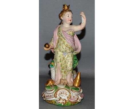 AN 18TH CENTURY DERBY FIGURE OF EUROPE standing holding a sceptre and orb, Europe in gold to base, patch marks.