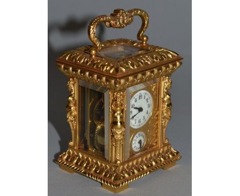 A GOOD SMALL 19TH CENTURY FRENCH BRASS CARRIAGE ALARM CLOCK, the sides with caryatid figures, bell in the base.  3ins high, i