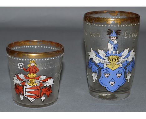 TWO SMALL EARLY CONTINENTAL BEAKERS painted enamel decoration, both crested and dated 1594.  3.5ins and 2.25ins high.