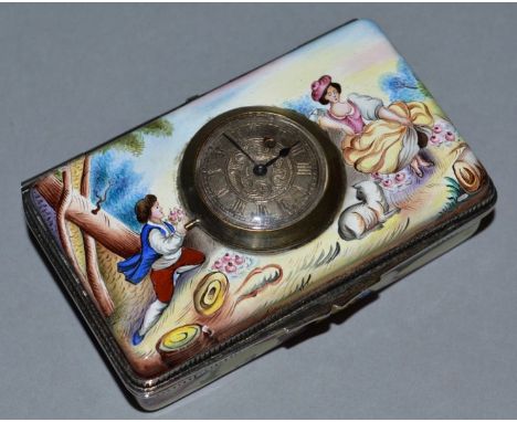 A GOOD CONTINENTAL RECTANGULAR ENAMEL BOX AND COVER decorated with figures and the lid inset with a clock. 3.25ins long.