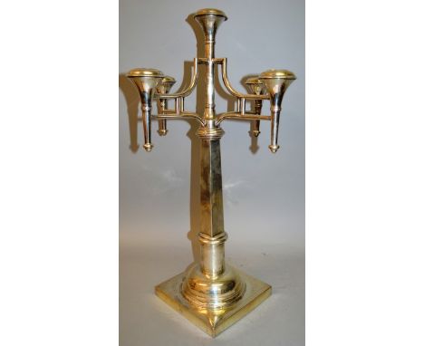 A LARGE 1920'S POLISH SILVER JEWISH FIVE LIGHT CANDELABRA by S. HERZHOG, standing on a square base. 22.5ins high.  Stamped S.