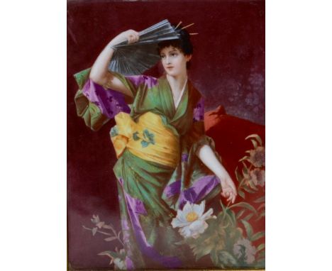 A SUPERB 19TH CENTURY KPM PORCELAIN PLAQUE entitled YUM YUM painted by WAGNER of a young Oriental girl holding a fan.  Signed