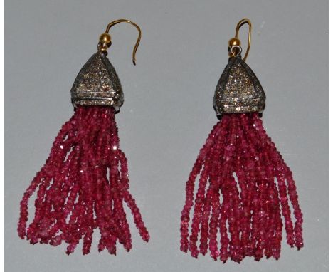 A GOOD PAIR OF DIAMOND AND RUBY DECO EARRINGS.