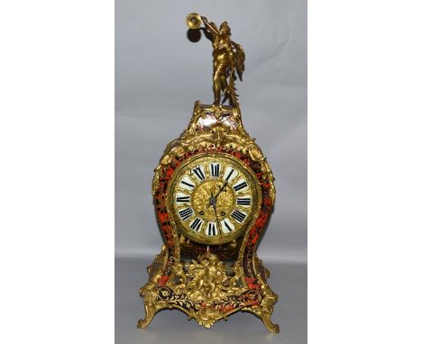 A LARGE 19TH CENTURY FRENCH BOULLE MANTLE CLOCK with eight day movement, brass inlay on red tortoiseshell, ormolu scrolls and