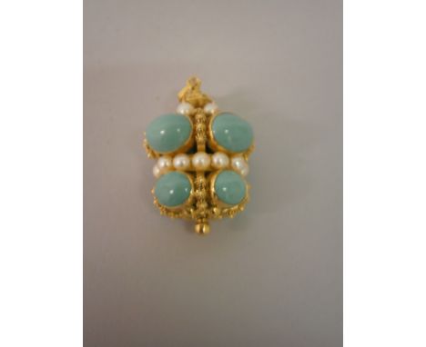 A SUPERB LARGE 18ct YELLOW GOLD TURQUOISE AND PEARL PENDANT.