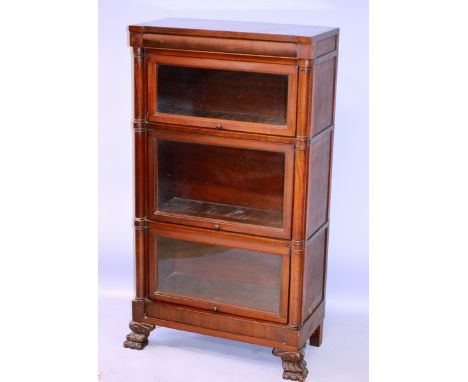 A GOOD SMALL THREE TIER GLOBE WERNICKE STYLE STANDING BOOKCASE on claw feet. 4ft high, 2ft 3ins wide, 1ft 2ins deep.