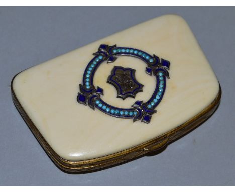 A GOOD IVORY FRONT AND BACKED PURSE with turquoise motif and initials E. K. entwined.