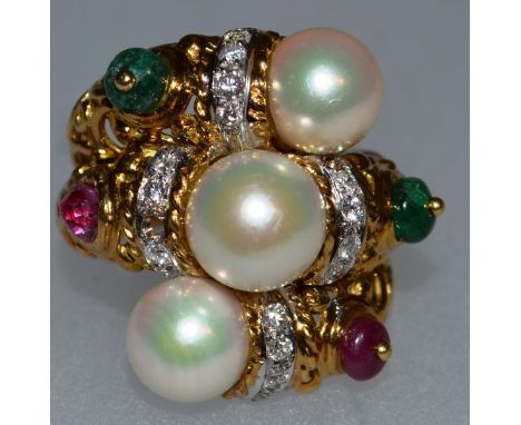 A GOOD 18CT GOLD, PEARL, RUBY AND DIAMOND FANCY RING by Michael Platt.