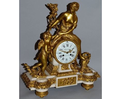 A SUPERB QUALITY 18TH CENTURY FRENCH WHITE MARBLE AND GILDED ORMOLU CLOCK with eight day movement by LEPAUTE HGER DU ROI, wit