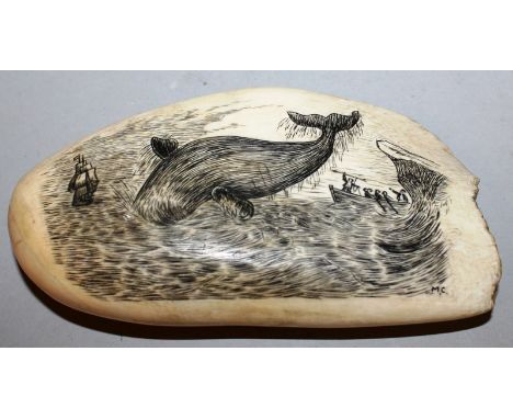 A GOOD LARGE SCRIMSHAW WHALES TOOTH etched with a whale hunting scene. Signed with initials M.C. 5.5ins long, 3ins wide overa