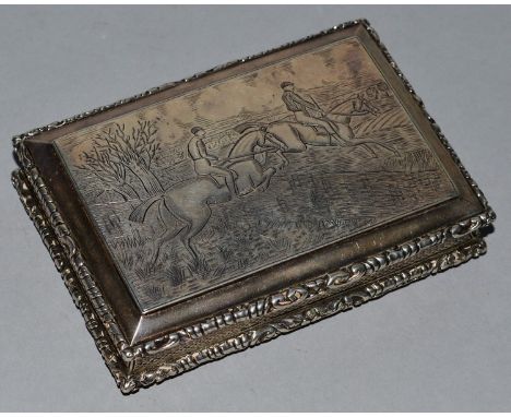 A LARGE VICTORIAN SILVER TABLE SNUFF BOX by NATHANIEL MILLS, the lid with a steeplechase scene, two horses and riders jumping