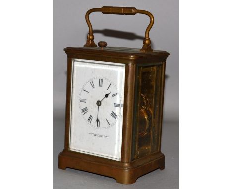 A FRENCH BRASS REPEATER CARRIAGE CLOCK, OVINGTON BROTHERS, NEW YORK.  6ins high.
