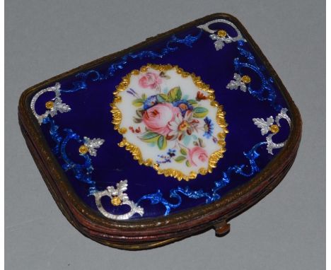 A GOOD FRENCH BLUE ENAMEL FRONT & BACK PURSE with floral enamel inlay and an oval with bouquet of flowers.