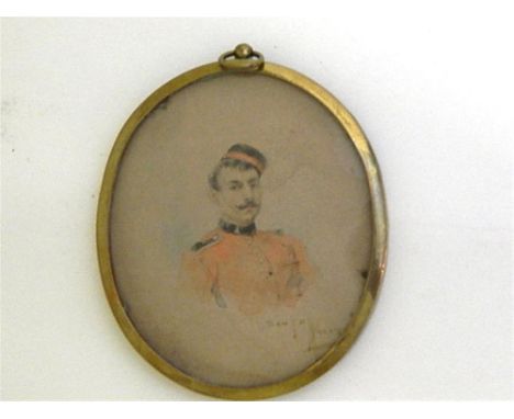 A LATE 19TH CENTURY PORTRAIT MINIATURE  water-colour, signed, depicting an army officer in red tunic with black facings and '