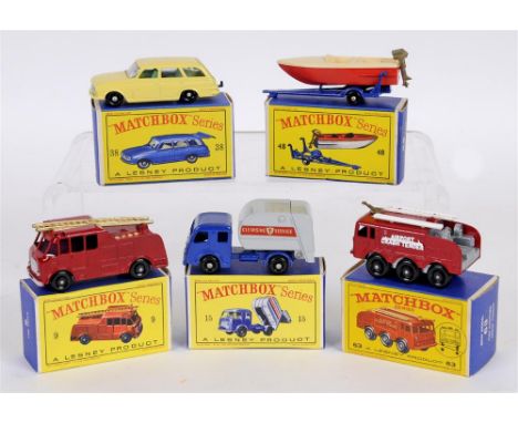 FIVE MATCHBOX 1-75 SERIES MODELS comprising No.15, Tippax Refuse Collector, blue and pale grey, red 'Cleansing Service' trans