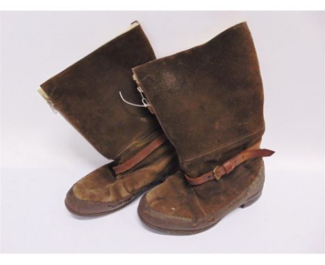 A PAIR OF R.A.F. FLYING BOOTS circa 1940s, brown suede with a sheepskin lining, the leather tongues with ordnance arrow and m
