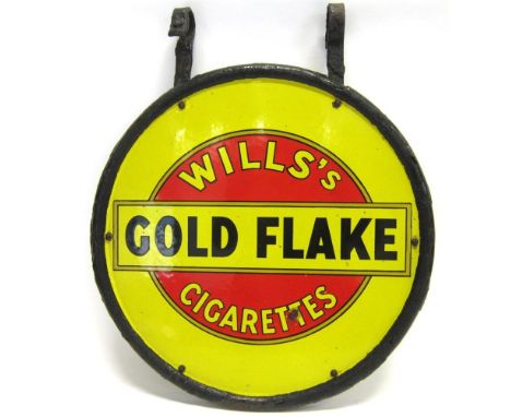 A WILLS'S GOLD FLAKE CIGARETTES ENAMEL DOUBLE-SIDED HANGING CIRCULAR WALL SIGN finished in red, yellow and black, complete wi