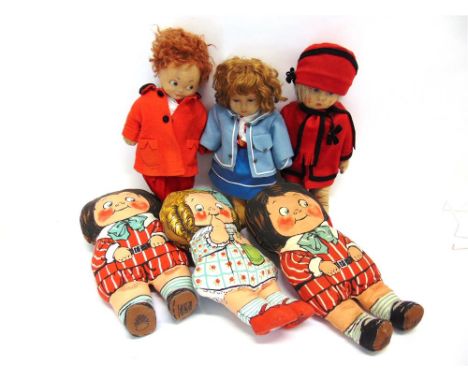 A CHAD VALLEY 'BAMBINA' CLOTH DOLL with curled brown hair, inset blue glass eyes, and a painted mouth, on a jointed body, lab