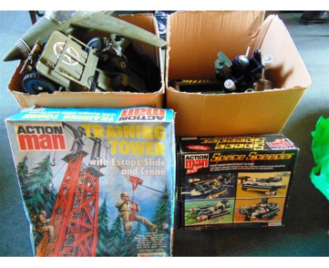 ASSORTED ACTION MAN ACCESSORIES comprising a Space Speeder, boxed; Training Tower, boxed; Jeep; military aircraft; German mot
