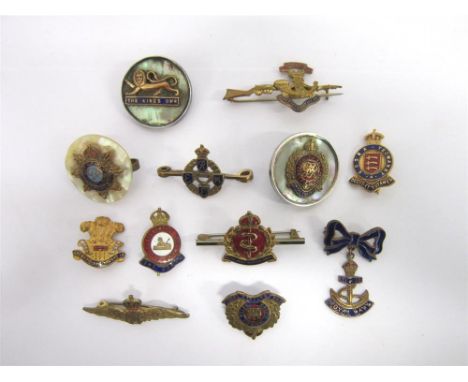 TWELVE MILITARY & NAVAL SWEETHEART BADGES including those of Somerset Light Infantry, Gloucestershire Regiment, The Kings Own