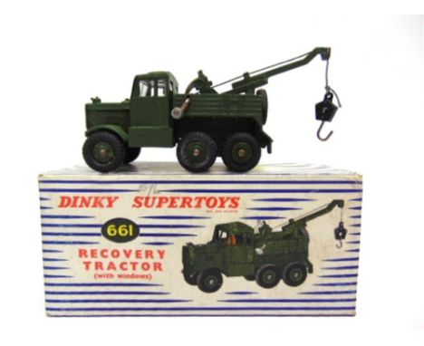A DINKY NO.661, SCAMMELL RECOVERY TRACTOR olive green with matching plastic hubs, fitted with windows, near mint, boxed, in a